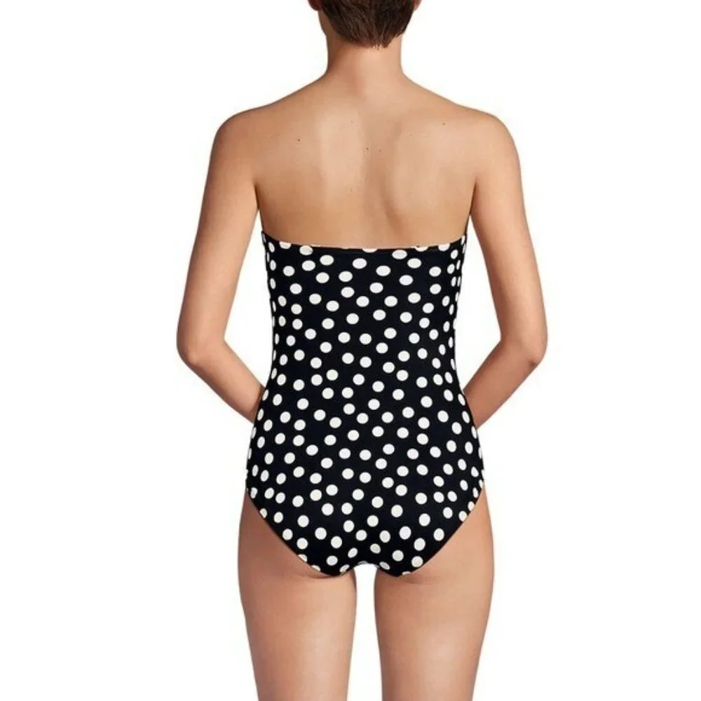 LANDS END SlenderSuit Wrap Bandeau One Piece Polka Dot Strapless Swimsuit